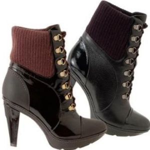Via Spiga Patent Brown High Heel Combat Boots